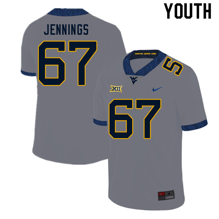 Youth #67 Chez Jennings West Virginia Mountaineers College Football Jerseys Sale-Gray - Click Image to Close